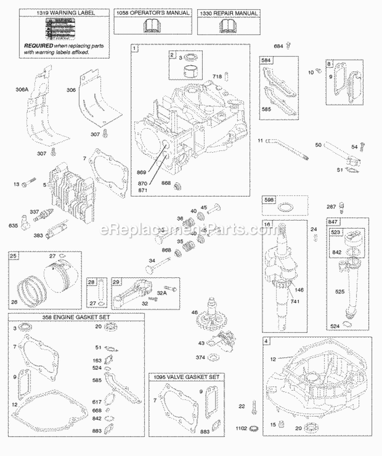 Camshaft Crankshaft Cylinder Engine Sump Lubrication Piston Group Valves Diagram and Parts List for 122T02-1726-B1  Briggs and Stratton Engine